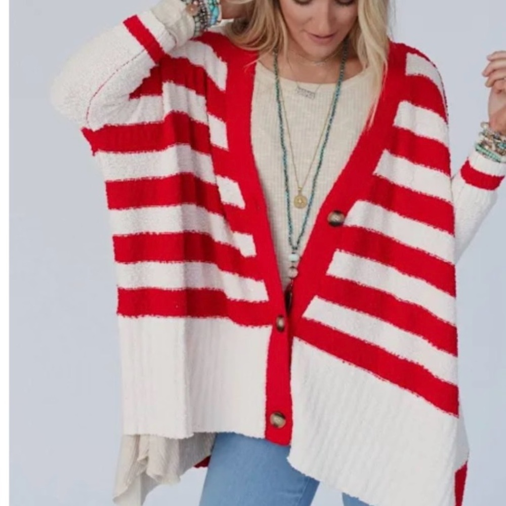 First Love Red and White Striped Cardigan Sweater